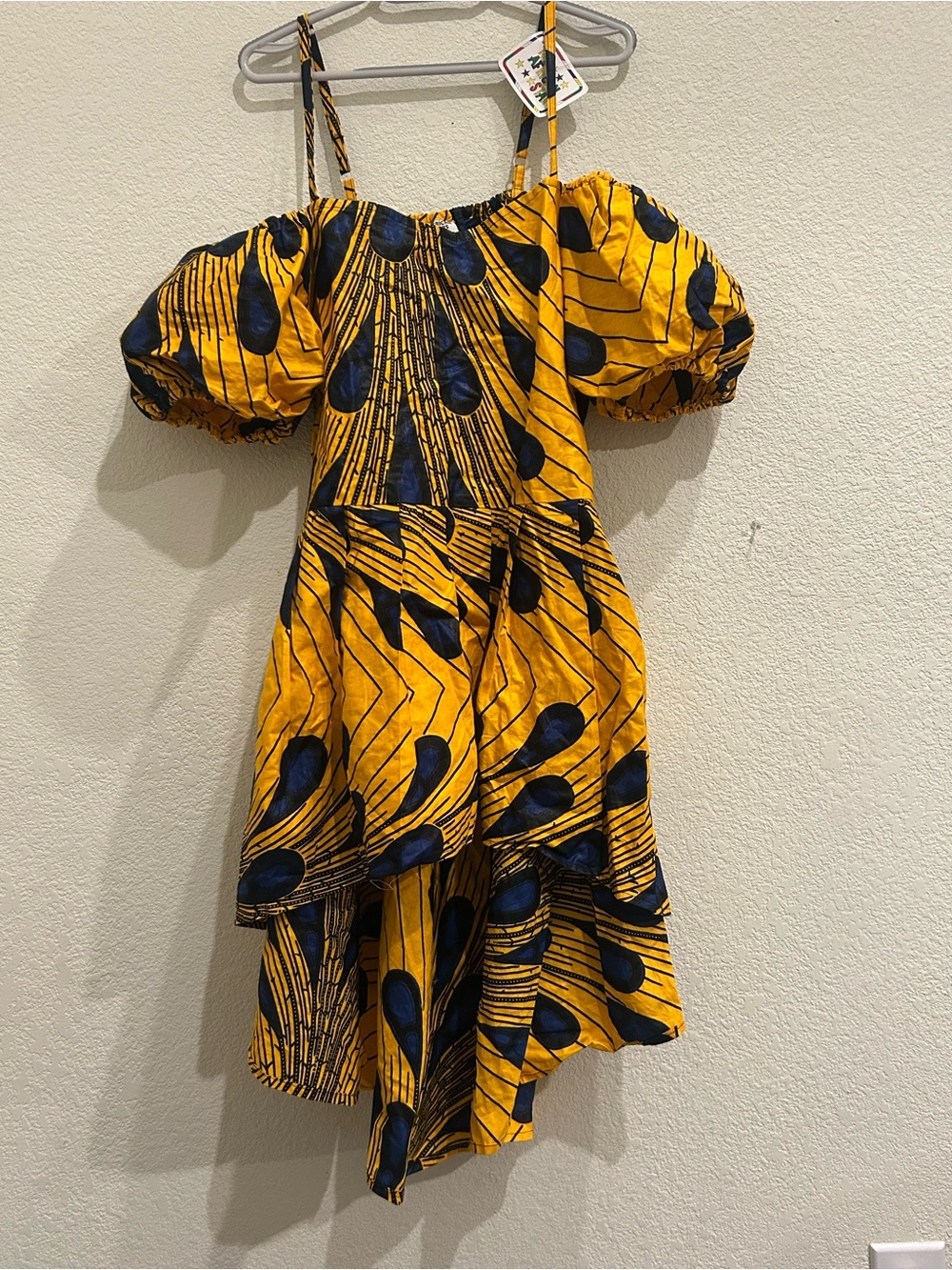 African Yellow and Navy Puff-Sleeve High-Low hemp line One size